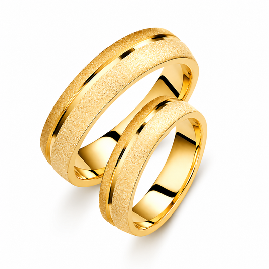 Brushed 18k Gold Wedding Band Set: 5mm Minimalist Matte Rings