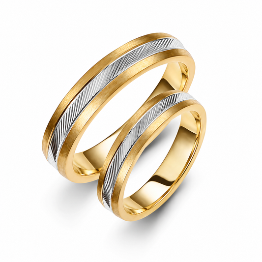 Two-Tone 4mm Wedding Bands Set with a Ribbed and Brushed Finish