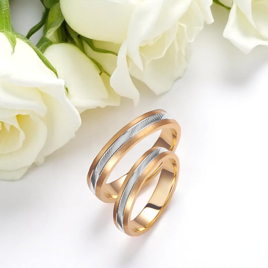 Two-Tone 4mm Wedding Bands Set with a Ribbed and Brushed Finish