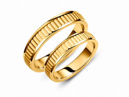 Grooved 14k Gold Wedding Band Set: Minimalist Couple Rings
