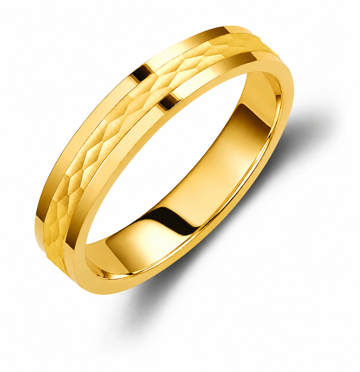 Two-Tone 4mm Wedding Bands Set with a Hammered and Glossy Finish