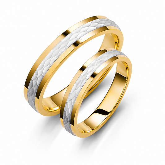 Two-Tone 4mm Wedding Bands Set with a Hammered and Glossy Finish
