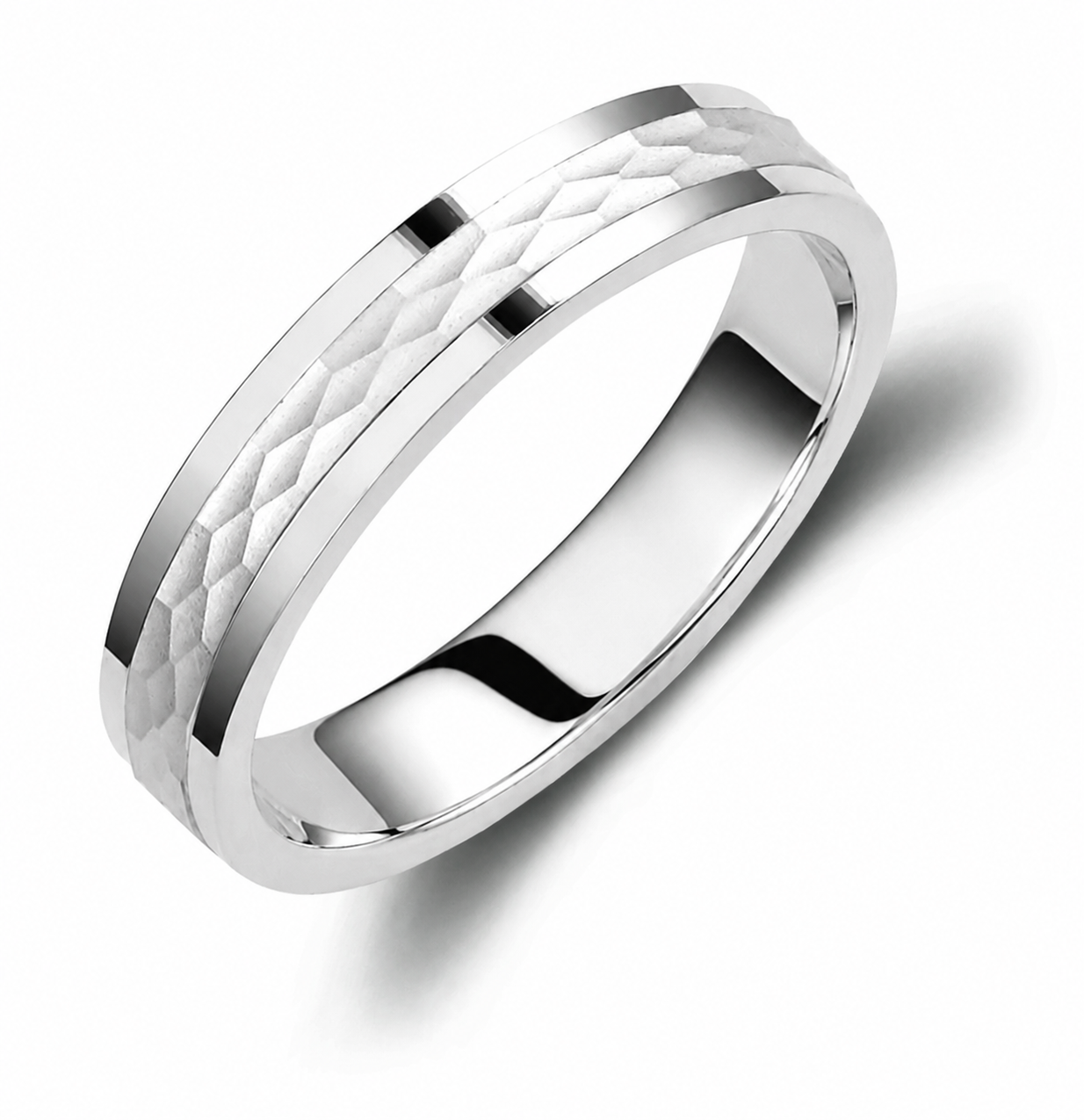 Two-Tone 4mm Wedding Bands Set with a Hammered and Glossy Finish