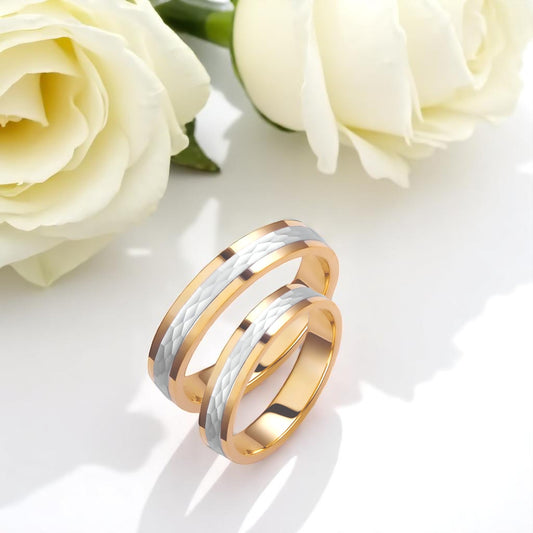 Two-Tone 4mm Wedding Bands Set with a Hammered and Glossy Finish