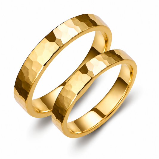 Hammered 14k Gold Wedding Band Set - Minimalist Matching Rings