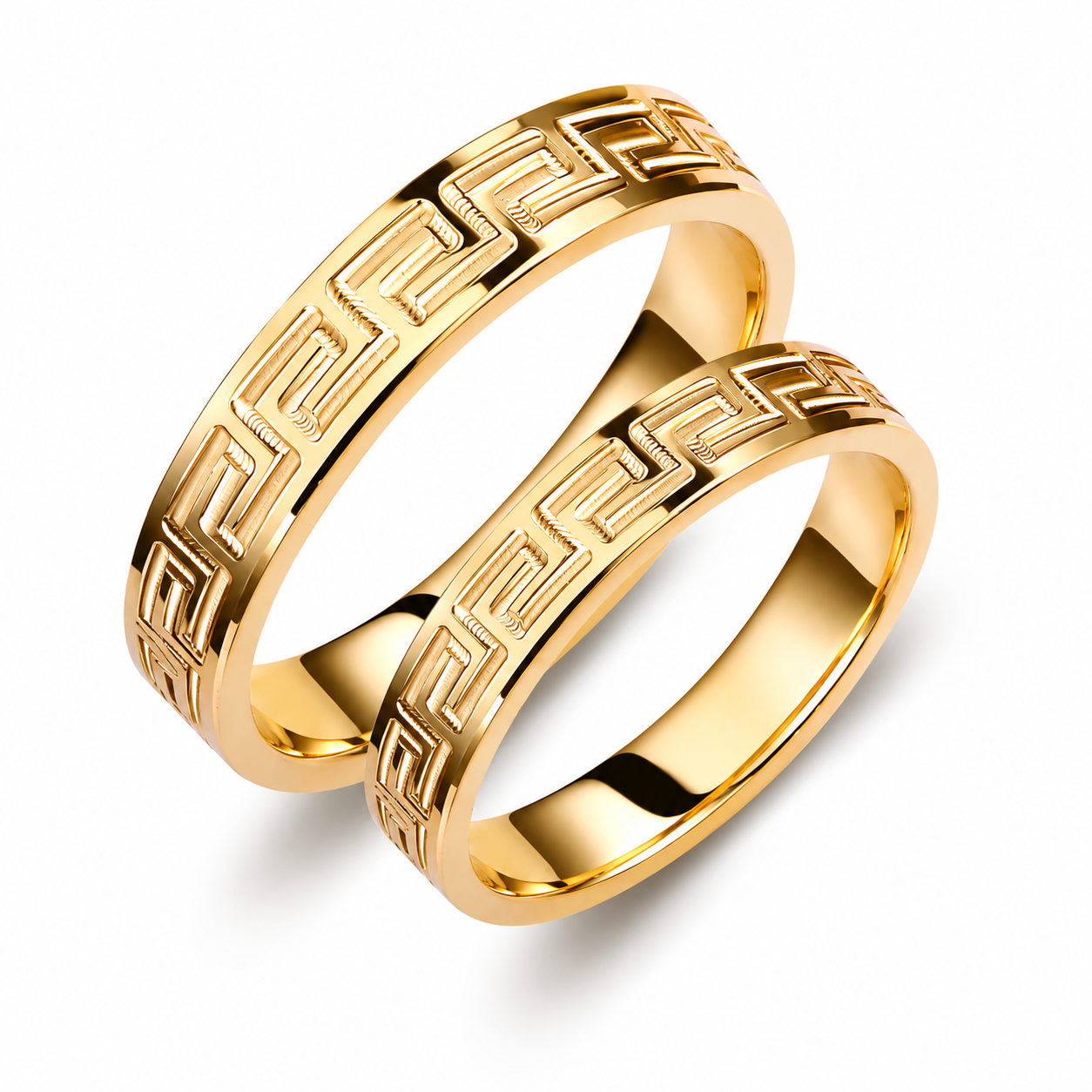 Greek Key Wedding Band Set: 14k Gold His & Hers Rings