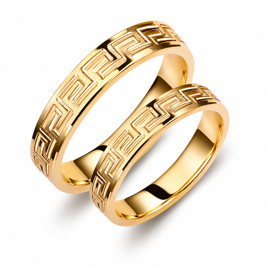 Greek Key Wedding Band Set: 14k Gold His & Hers Rings