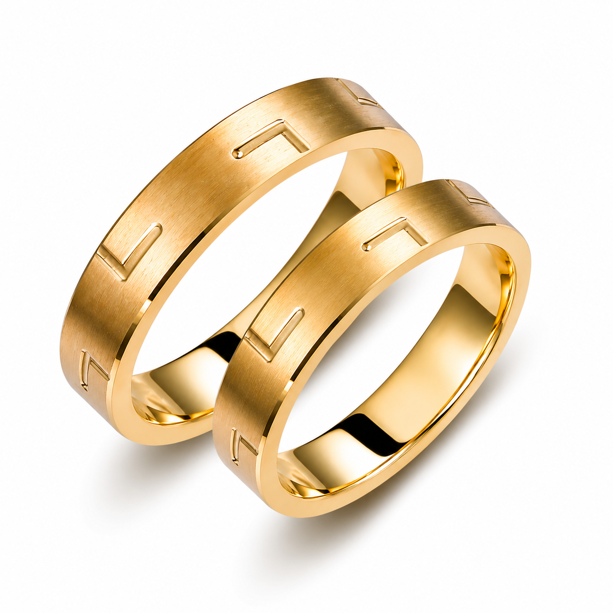 Brushed 14k Gold Wedding Band Set: Minimalist 4mm Gold Rings