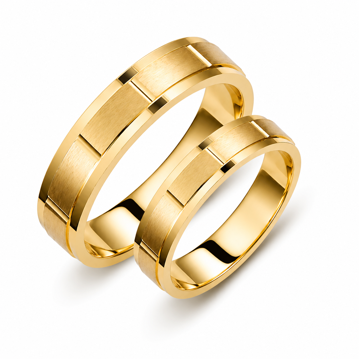 Matte 14k Gold Wedding Band Set: Geometric Square Pattern Rings
