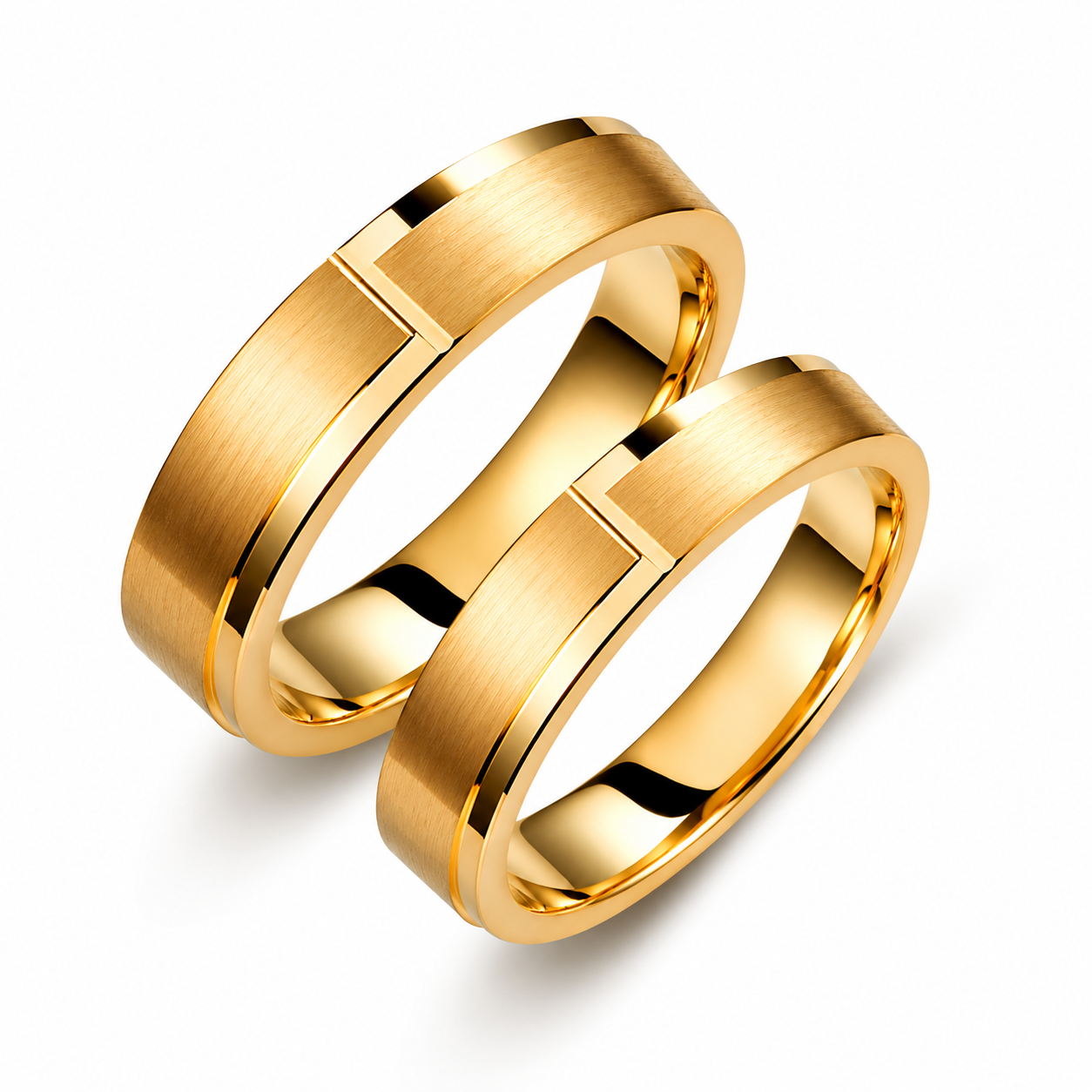 Geometric Groove Wedding Band Set: Brushed Gold Matching Rings