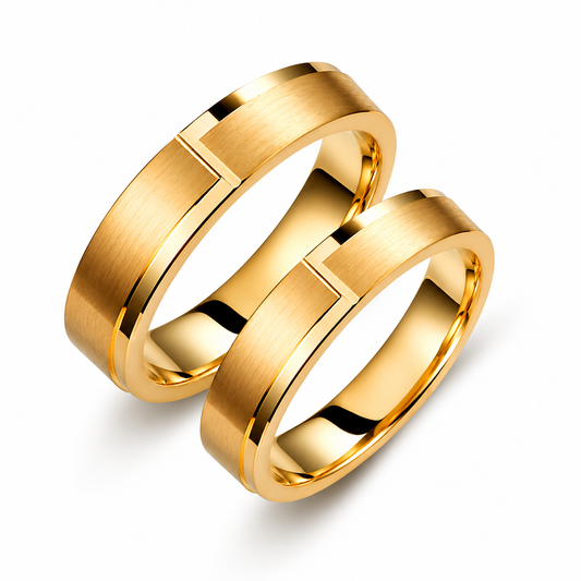 Geometric Groove Wedding Band Set: Brushed Gold Matching Rings