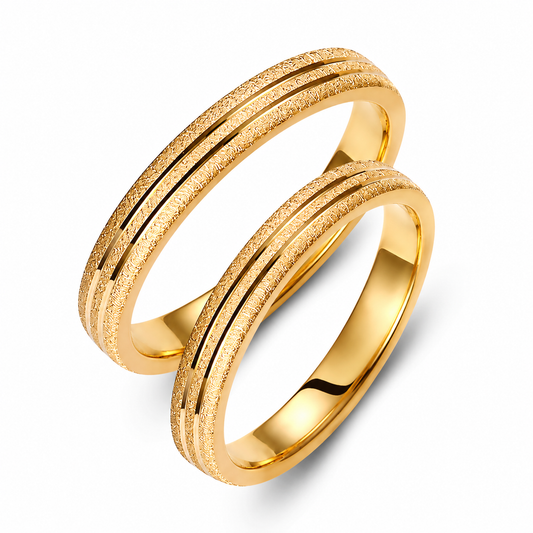 Brushed Gold Wedding Band Set: 3mm Minimalist Matching Rings, Engraved Option