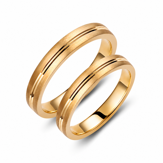 Brushed Gold Wedding Band Set: 3mm Solid Gold Rings with Glossy Stripes