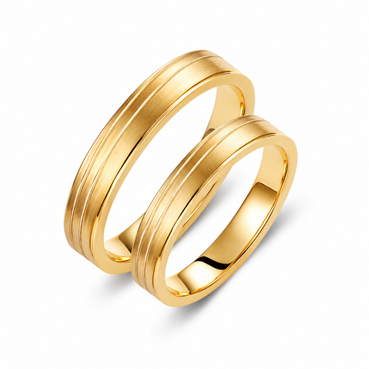 Brushed Gold Wedding Band Set: Minimalist Solid Gold Rings