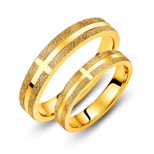 Diamond Cut 14k Gold Wedding Band Set - Engraved Cross Rings