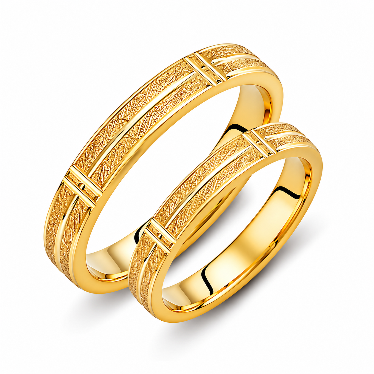 Matte Gold Wedding Band Set: Grooved Minimalist Rings, His & Hers