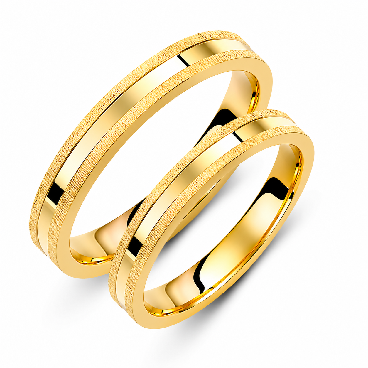 Gold Wedding Bands Set – Matching His & Hers Rings with Brushed and Glossy Finish