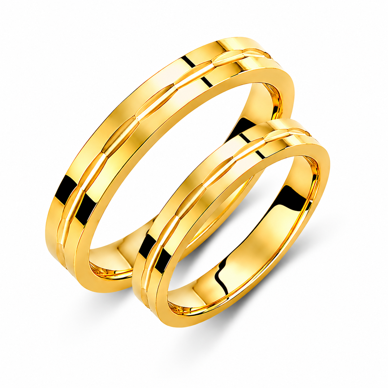 Grooved 3.5mm Solid Gold Wedding Band Set - His & Hers Matching Rings