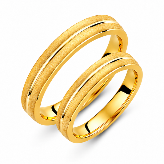 Minimalist 14k Gold Wedding Band Set: Brushed & Polished Rings