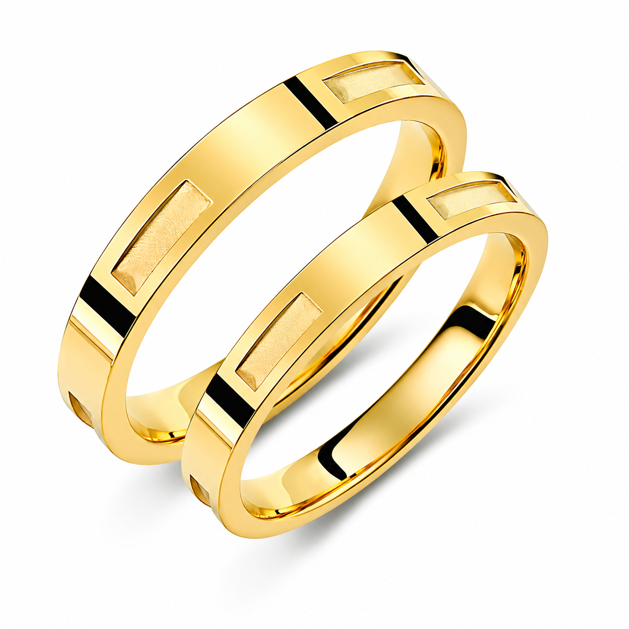 Engravable 18K Gold Wedding Band Set: Modern Rectangular Cutout Rings