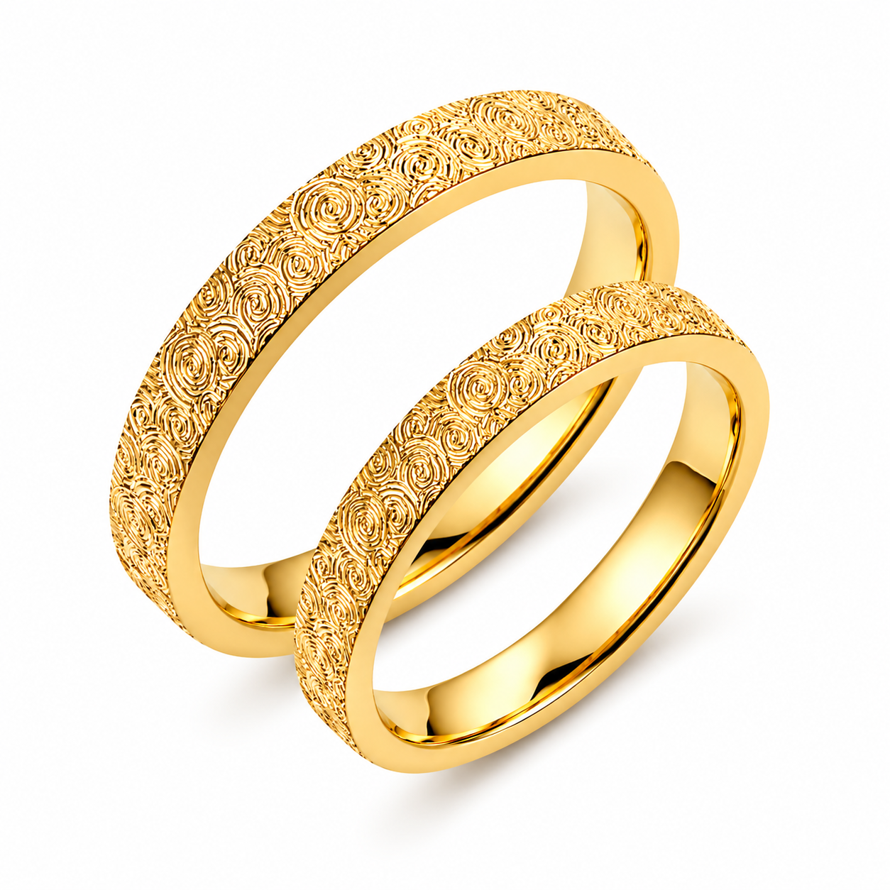 Floral Engraved 18k Gold Wedding Band Set - His & Hers Matching Rings