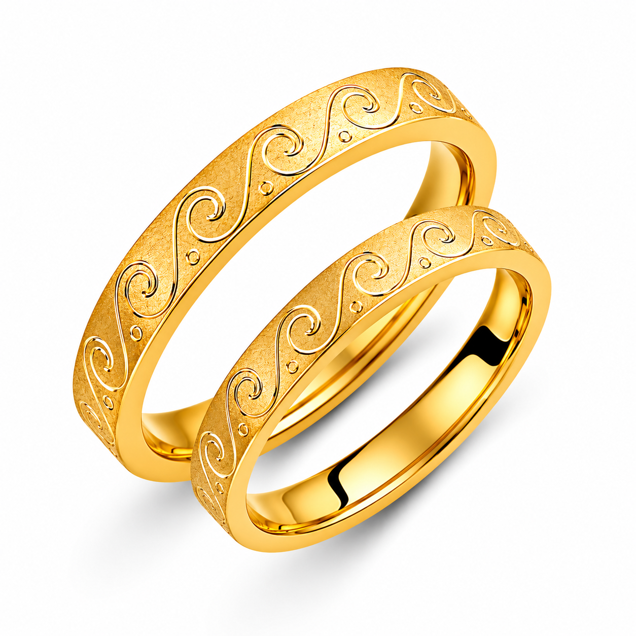 Sea Wave Wedding Band Set: 14k Gold Matching Rings, His & Hers