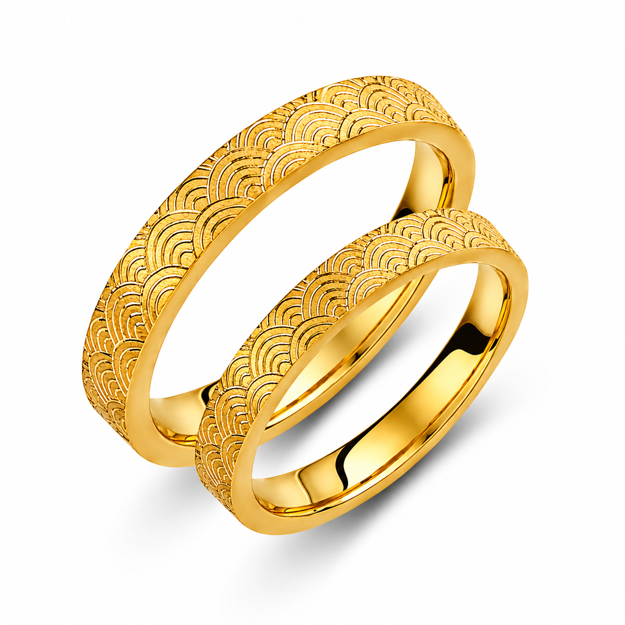 Engraved 18k Gold Wedding Band Set - His & Hers Matching Rings