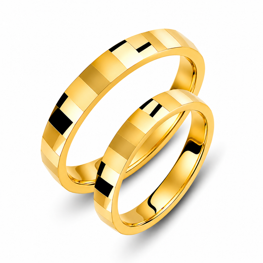 Geometric Gold Wedding Band Set: His & Hers Solid Gold Rings