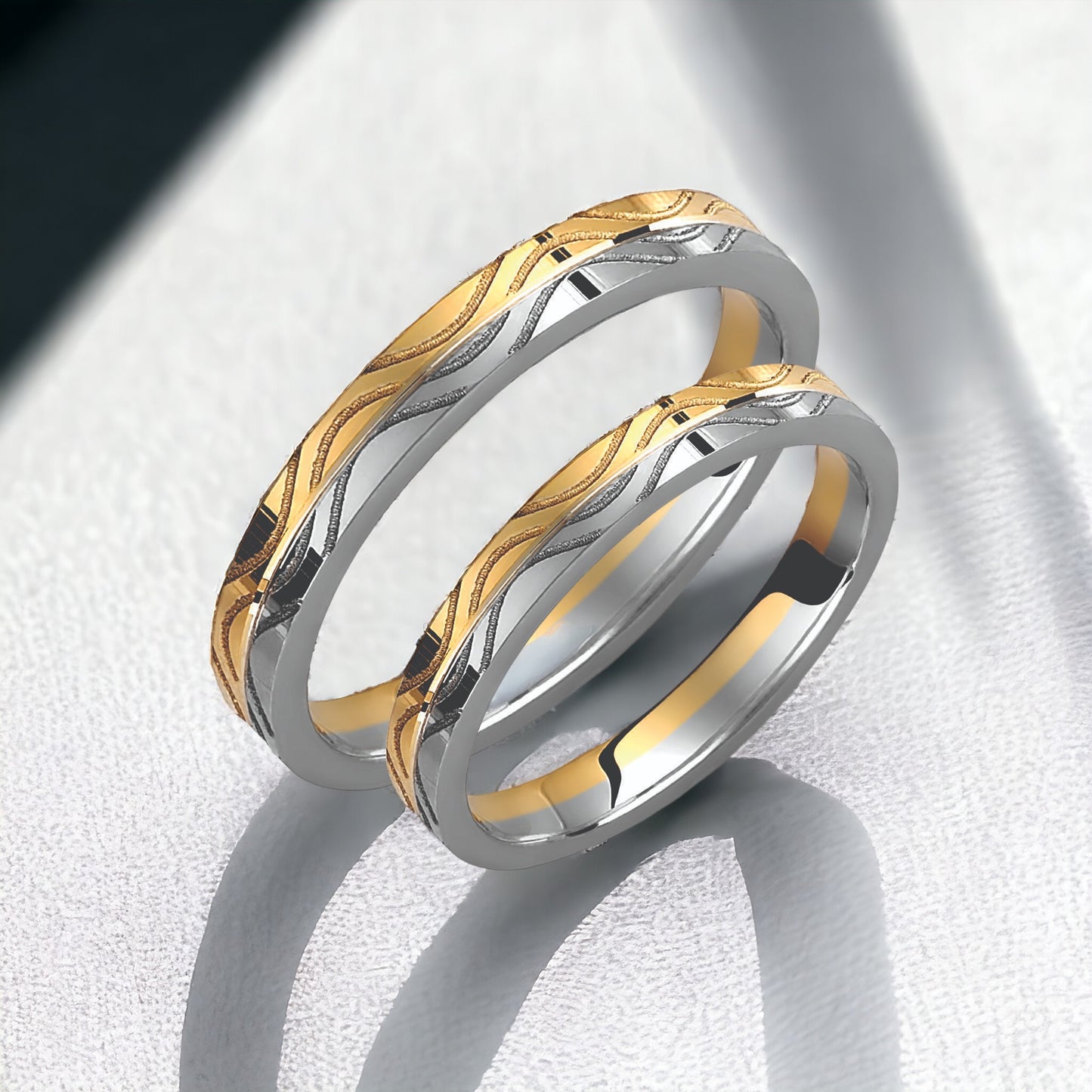 Wavy Two-Tone 3mm Wedding Bands Set