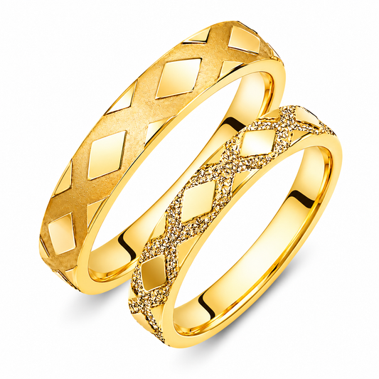 18K Gold Rhombus Wedding Band Set: His & Hers Matching Promise Rings