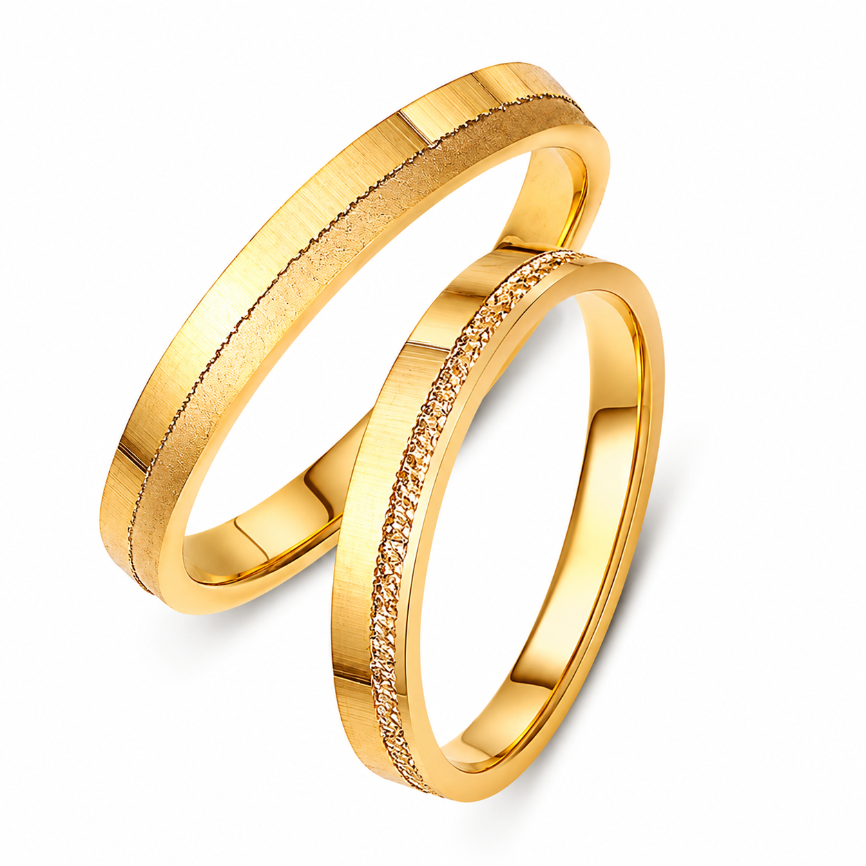 Minimalist 14k Gold Wedding Band Set: Brushed & Textured Matching Rings