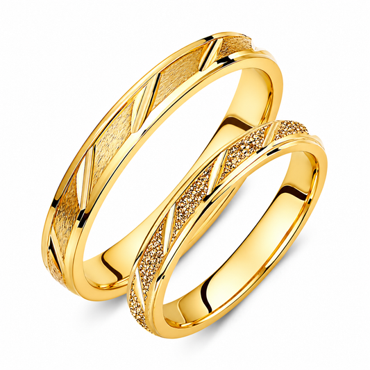 Textured 18K Gold Wedding Band Set: Matching Promise Ring