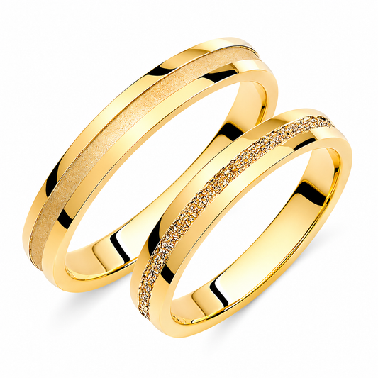 Gold Wedding Bands Set – Matching His & Hers Rings with Brushed Detail