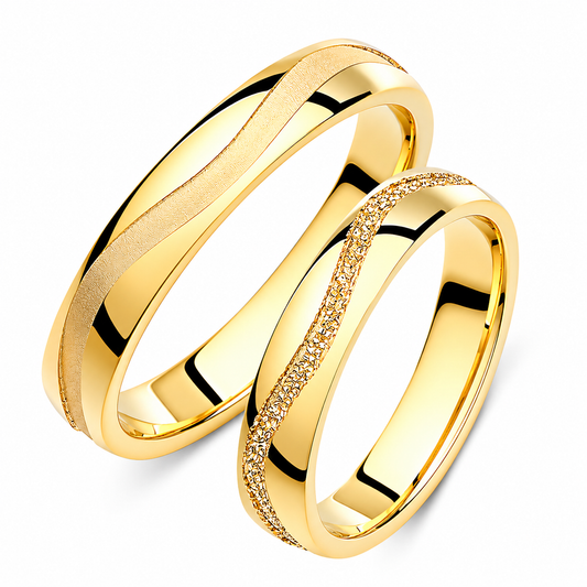 Wavy Wedding Band Set: His & Hers Solid Gold Matching Rings