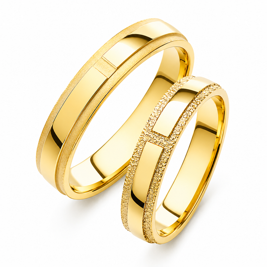 Textured 14k Gold Wedding Band Set - His & Hers Minimalist Rings
