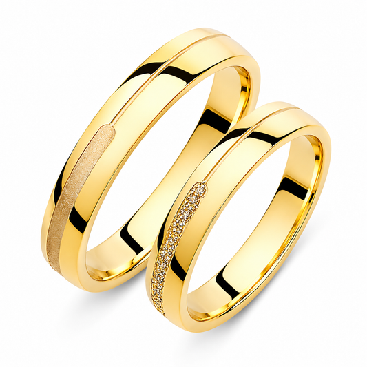 Matching 18k Gold Wedding Band Set: Glitter & Brushed Finish, 4mm
