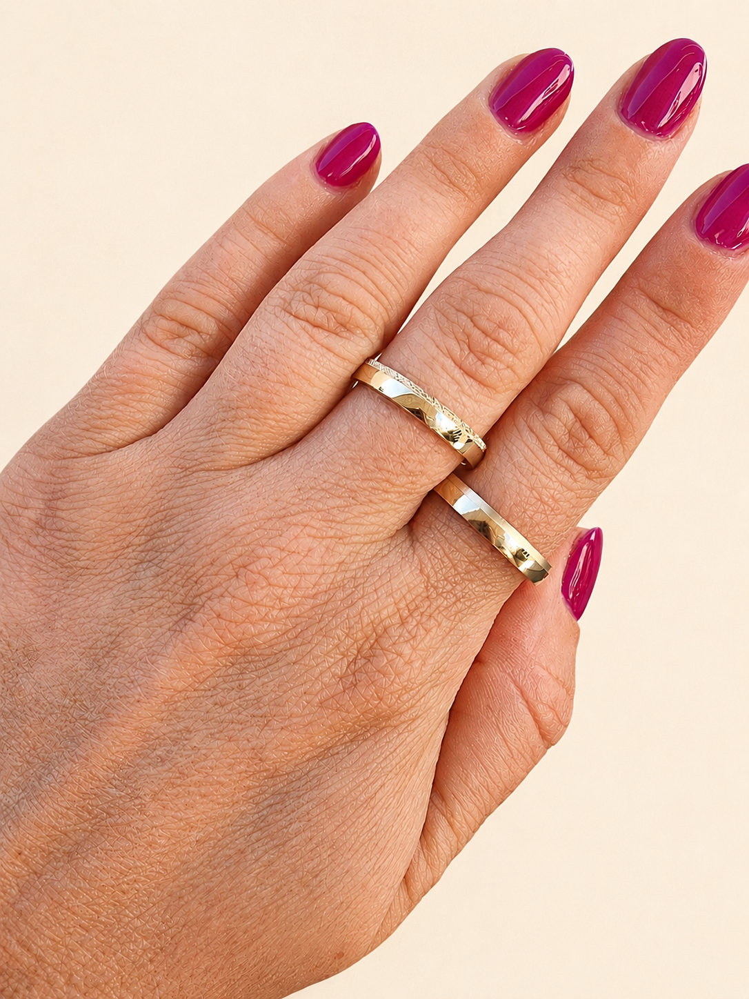 Matching Gold Wedding Band Set: Diamond-Cut & Brushed, His and Hers, 3.5mm