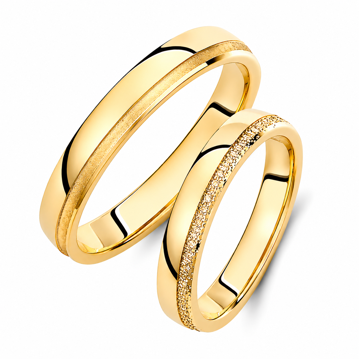 Matching Gold Wedding Band Set: Diamond-Cut & Brushed, His and Hers, 3.5mm