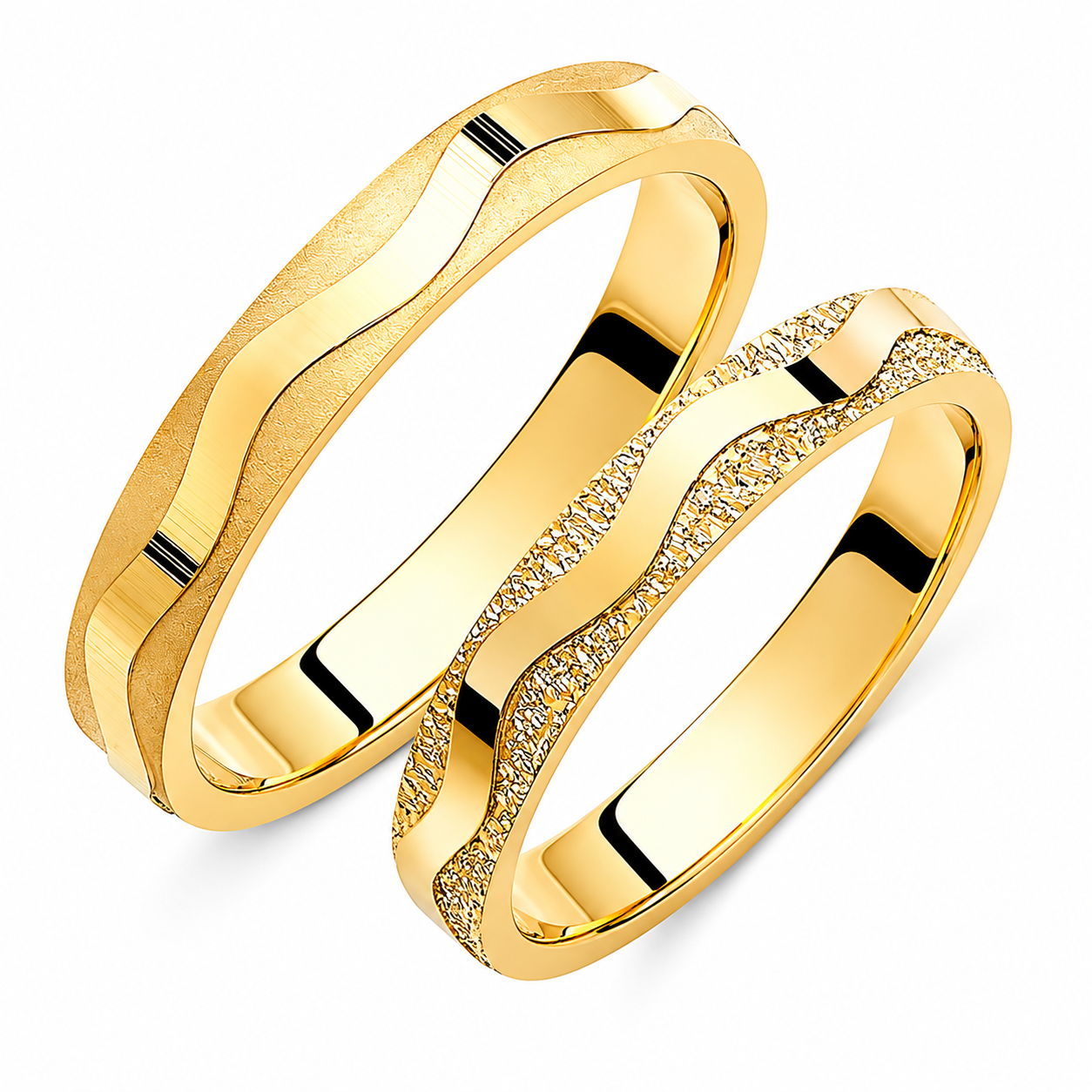 Wavy 14k Gold Wedding Band Set: Brushed & Glitter Texture, Matching Rings