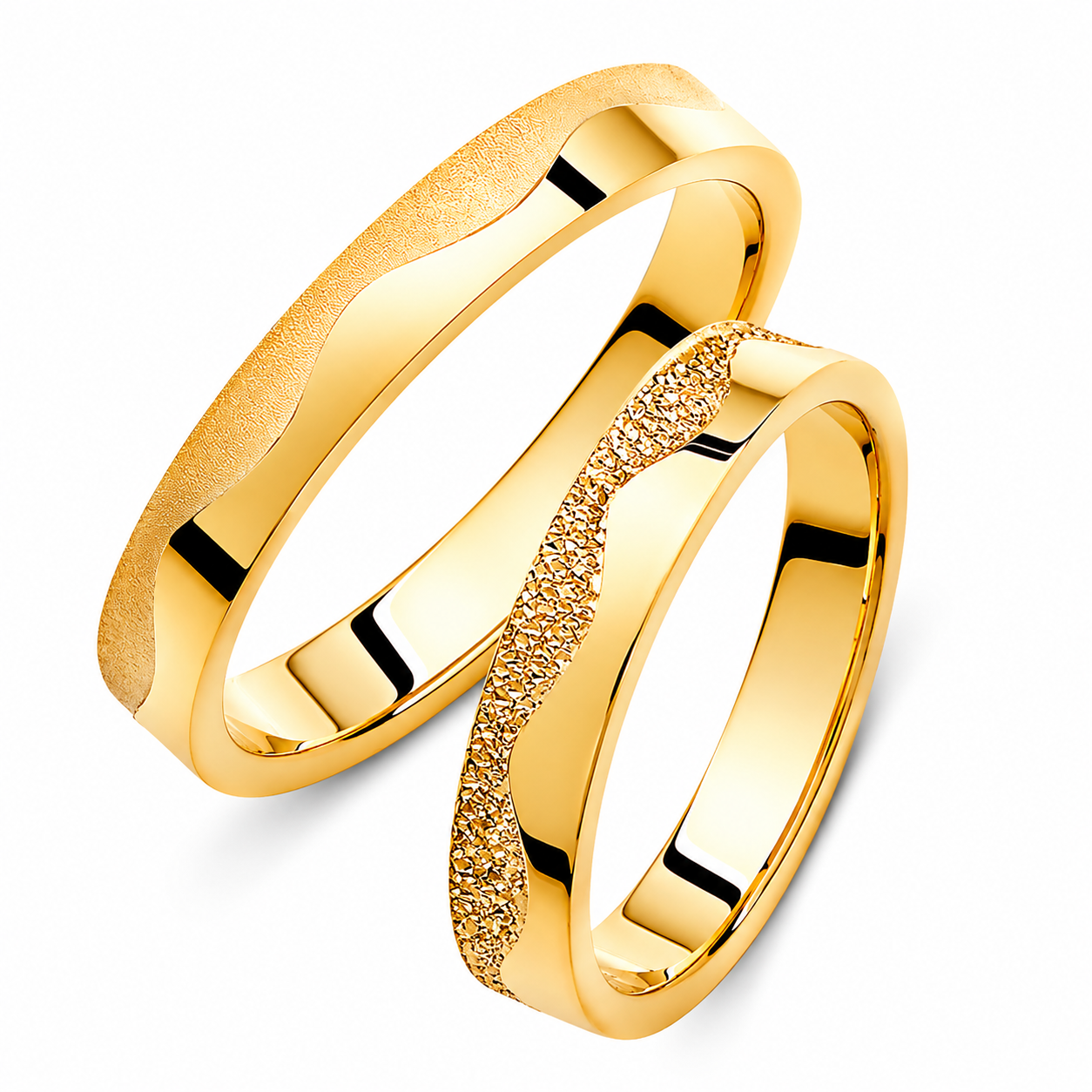 Wavy 14k Gold Wedding Band Set: Glitter & Brushed Finish, His and Hers Rings
