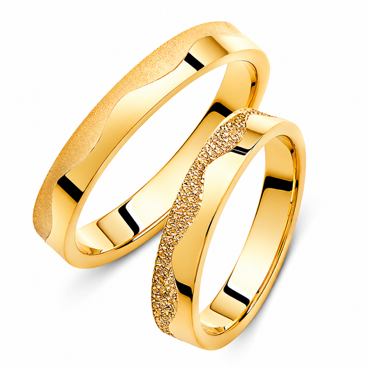 Wavy 14k Gold Wedding Band Set: Glitter & Brushed Finish, His and Hers Rings