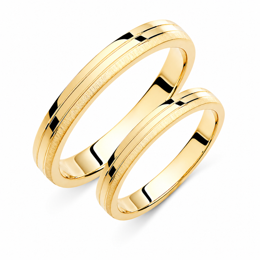 Minimalist 14k Gold Wedding Band Set: Brushed Double Line Rings