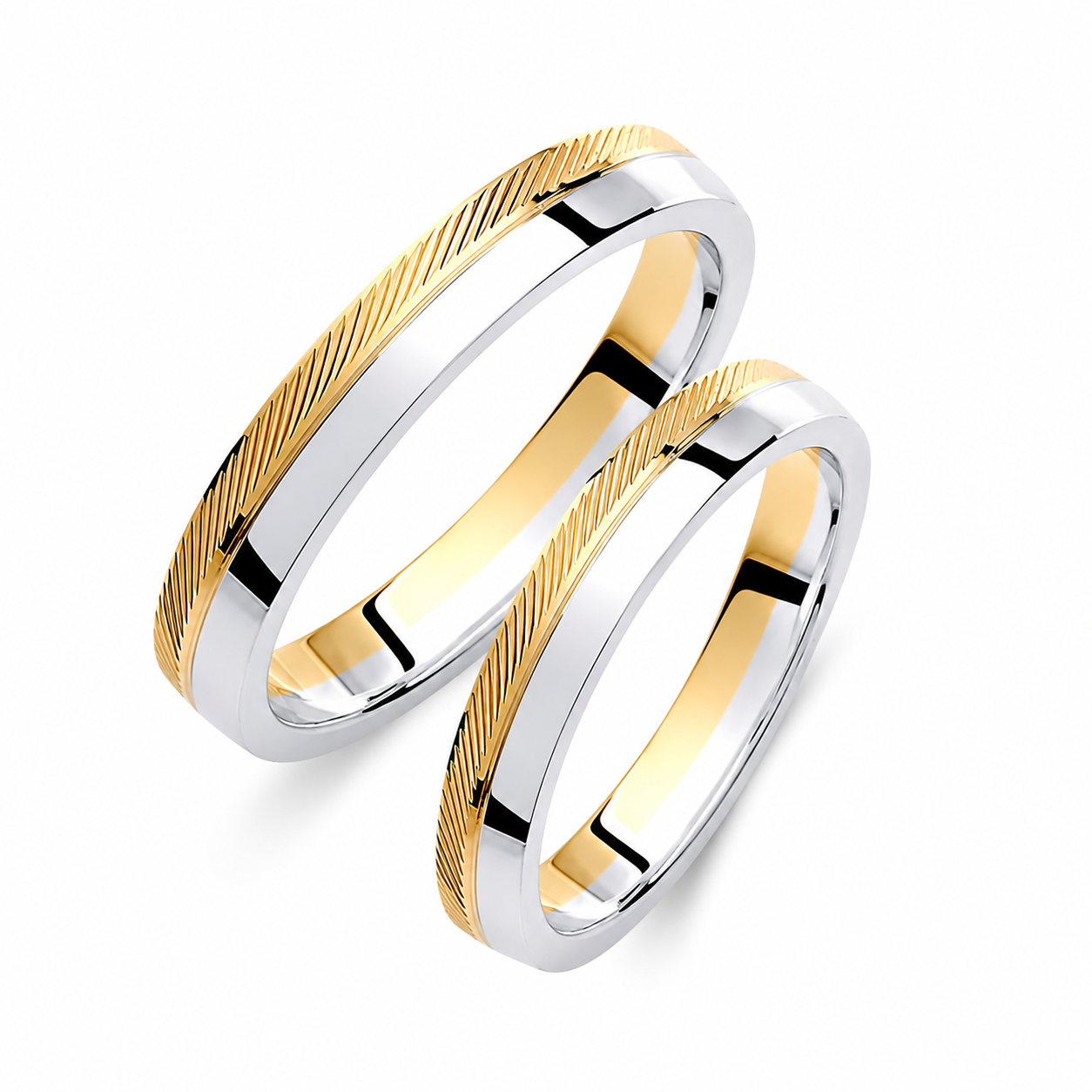 Two-Tone 3.5mm Wedding Bands Set with a Ribbed and Glossy Finish