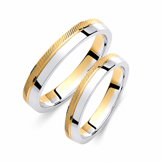 Two-Tone 3.5mm Wedding Bands Set with a Ribbed and Glossy Finish