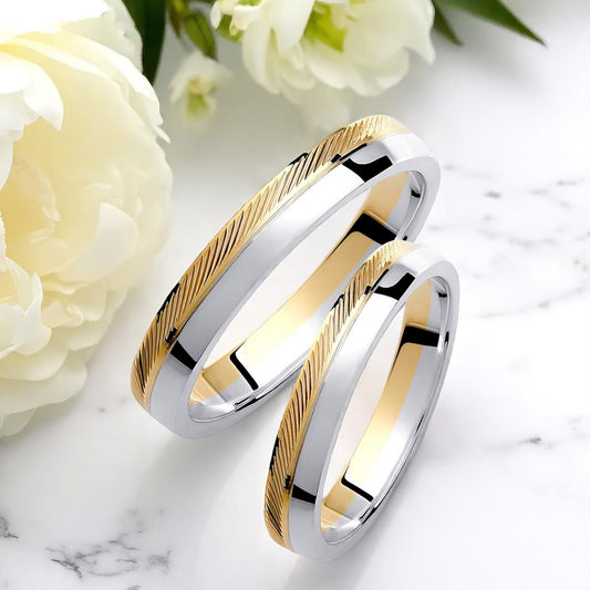 Two-Tone 3.5mm Wedding Bands Set with a Ribbed and Glossy Finish