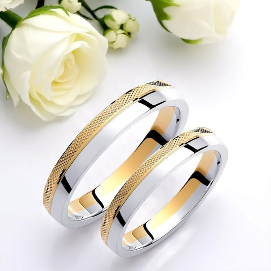 Two-Tone 3.5mm Wedding Bands Set with a Diamond Cut and Glossy Finish