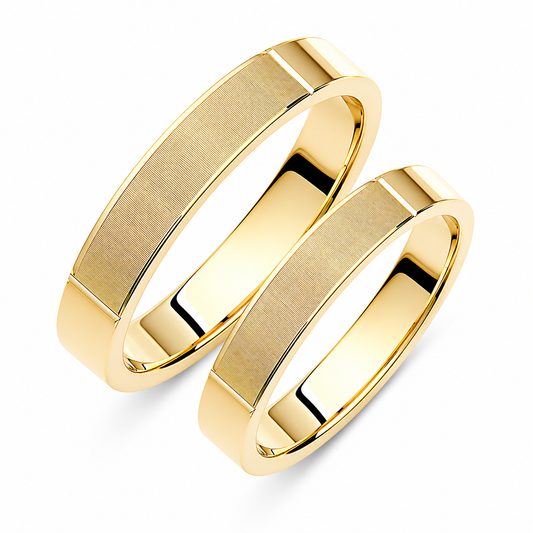 Brushed Solid Gold Wedding Band Set: 3.5mm Matching Rings, Engraved Option