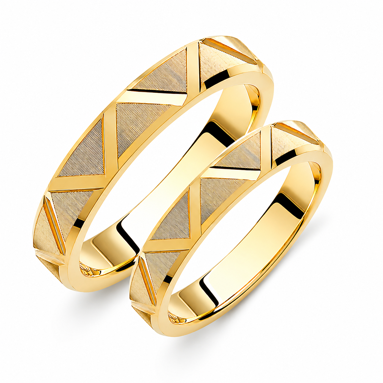 Triangle Ribbed 18k Gold Wedding Band Set - His & Hers Matching Rings