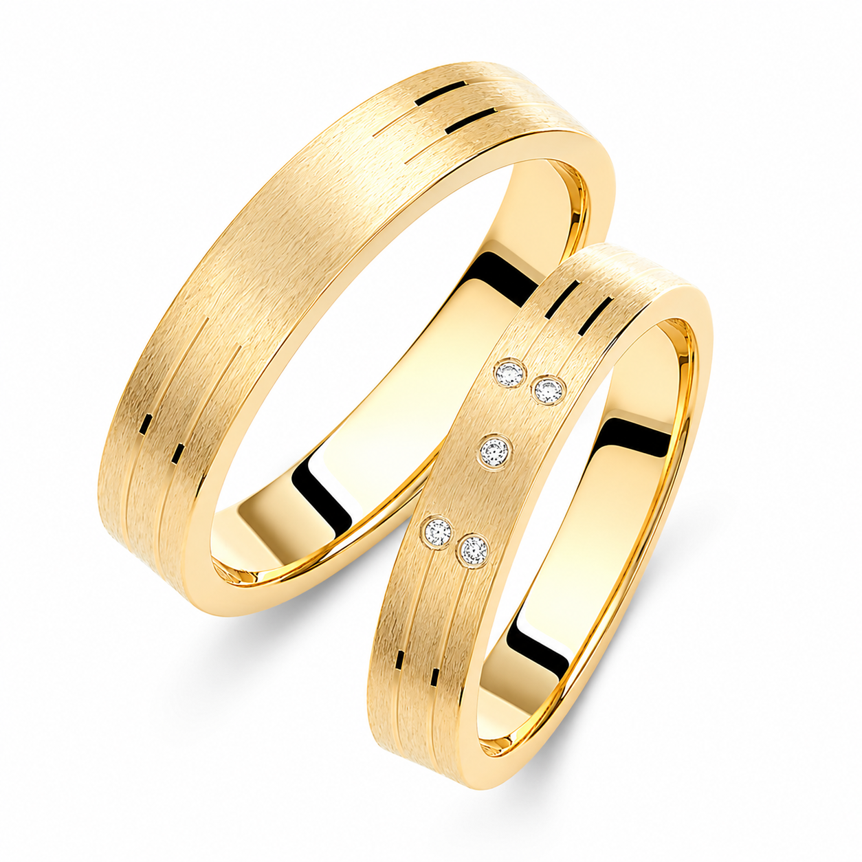 Brushed 4mm Diamond Wedding Bands Set