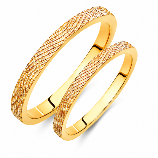 Textured Slim Gold Wedding Band Set: Matching 14k/18k Rings, Engraved Option